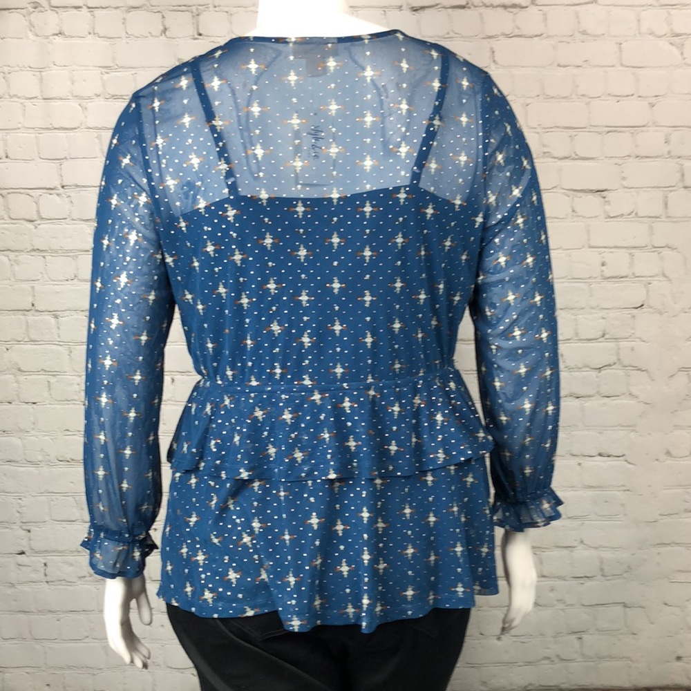 1X 2X Style & Co Blue Ruffle Mesh Overlay Top Plus Size - Picture 3 of 6
